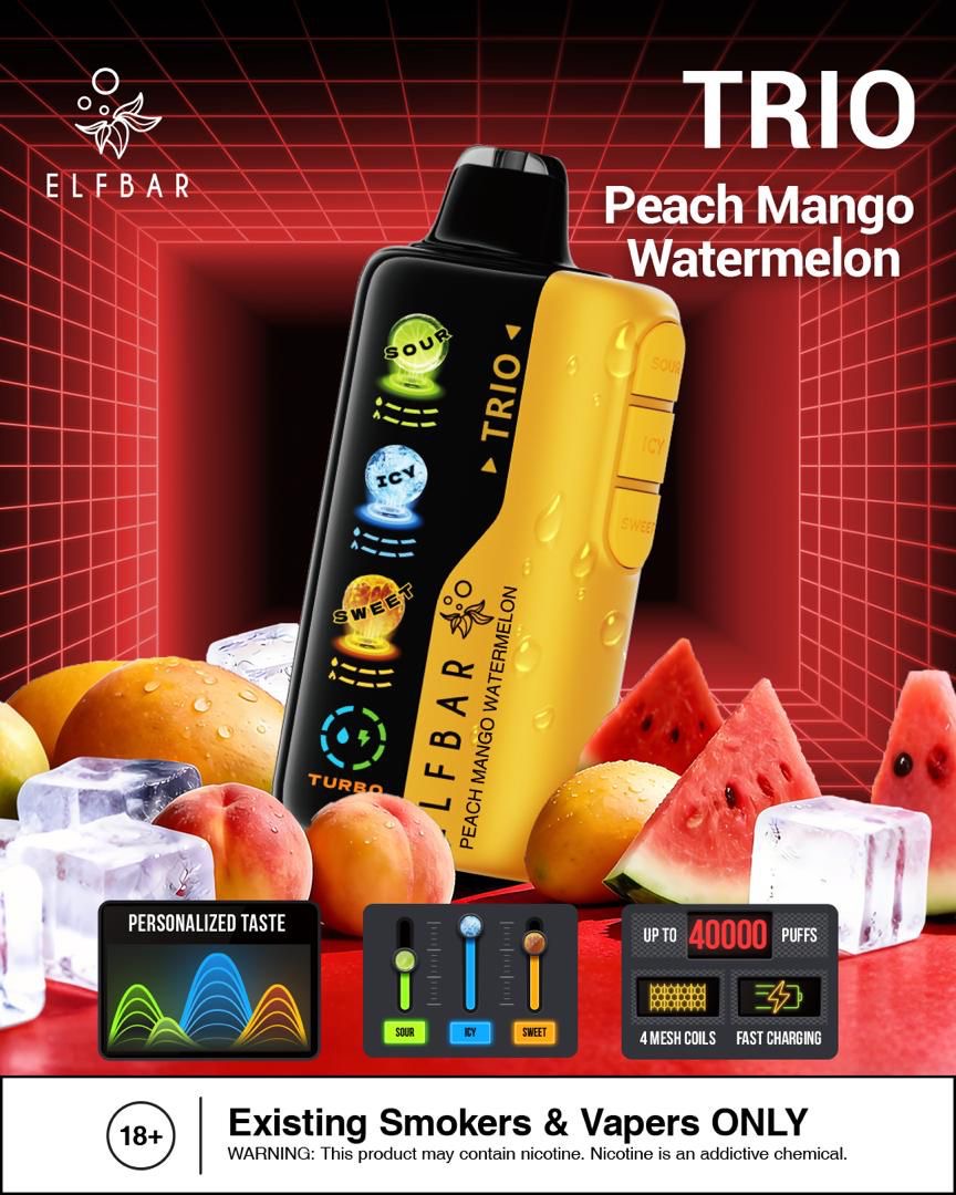Elf Bar Trio vape device with peach, mango, and watermelon on a red background. Order Now!
