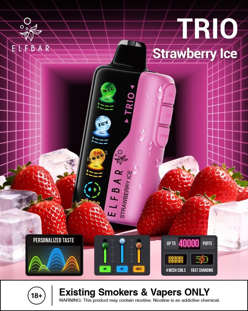 Elf Bar Trio Strawberry Ice vape device with strawberries and ice cubes on a pink background. Order Now!