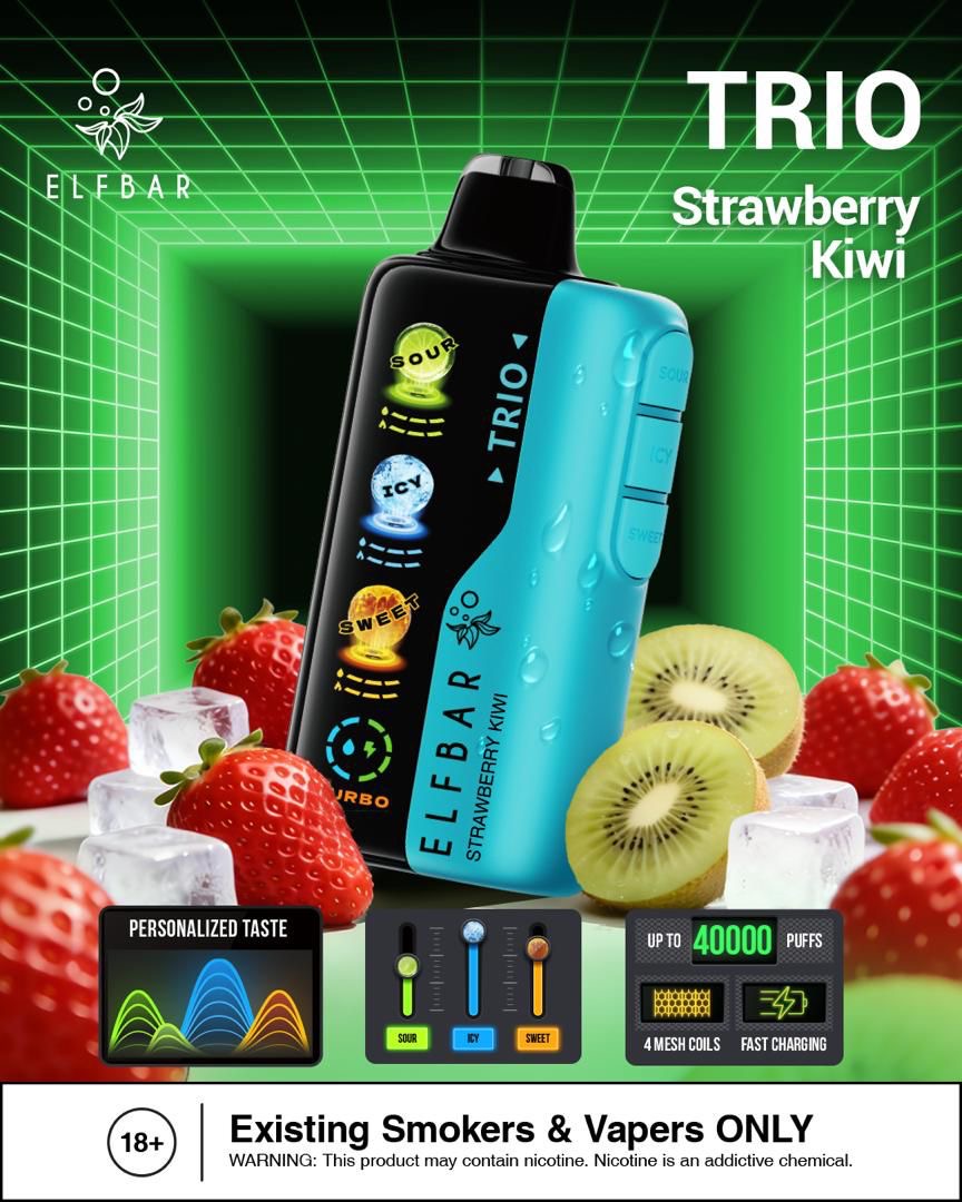Elf Bar Trio vape device with strawberry and kiwi graphics on a green grid background. Order Now!