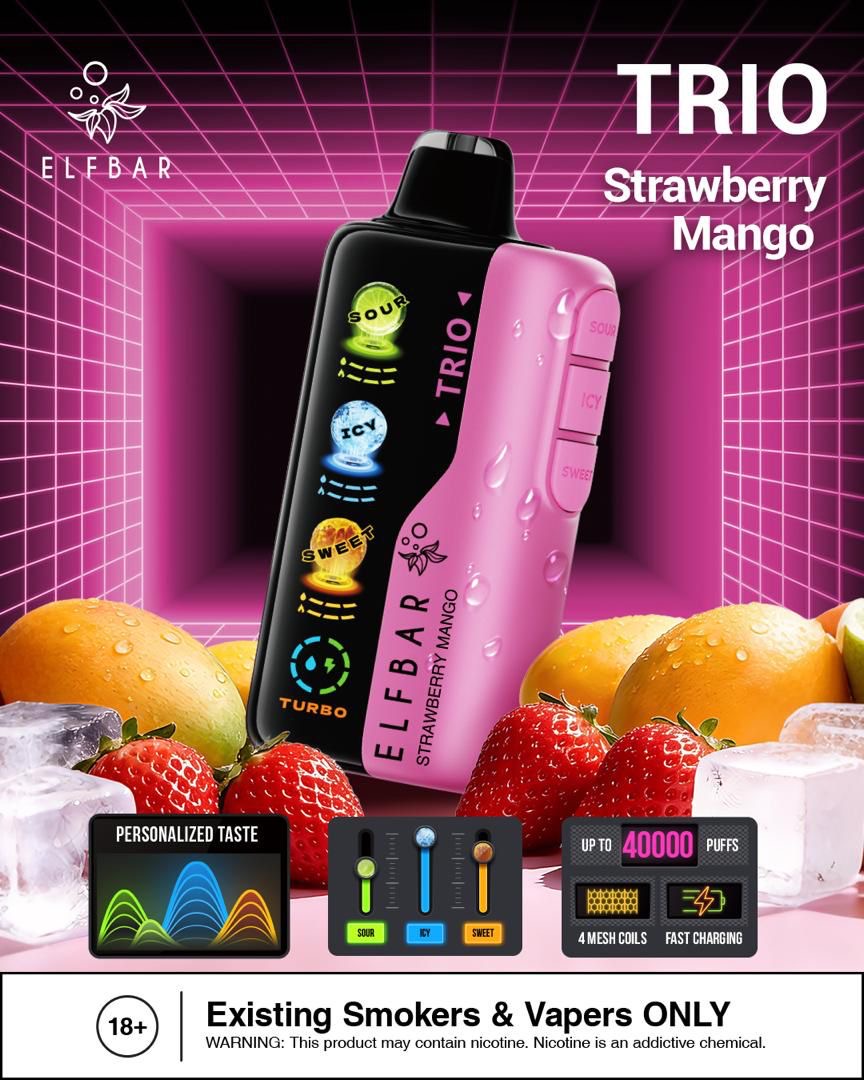 Elf Bar Trio vape device with strawberry mango flavor on a colorful background with fruits. Order Now!