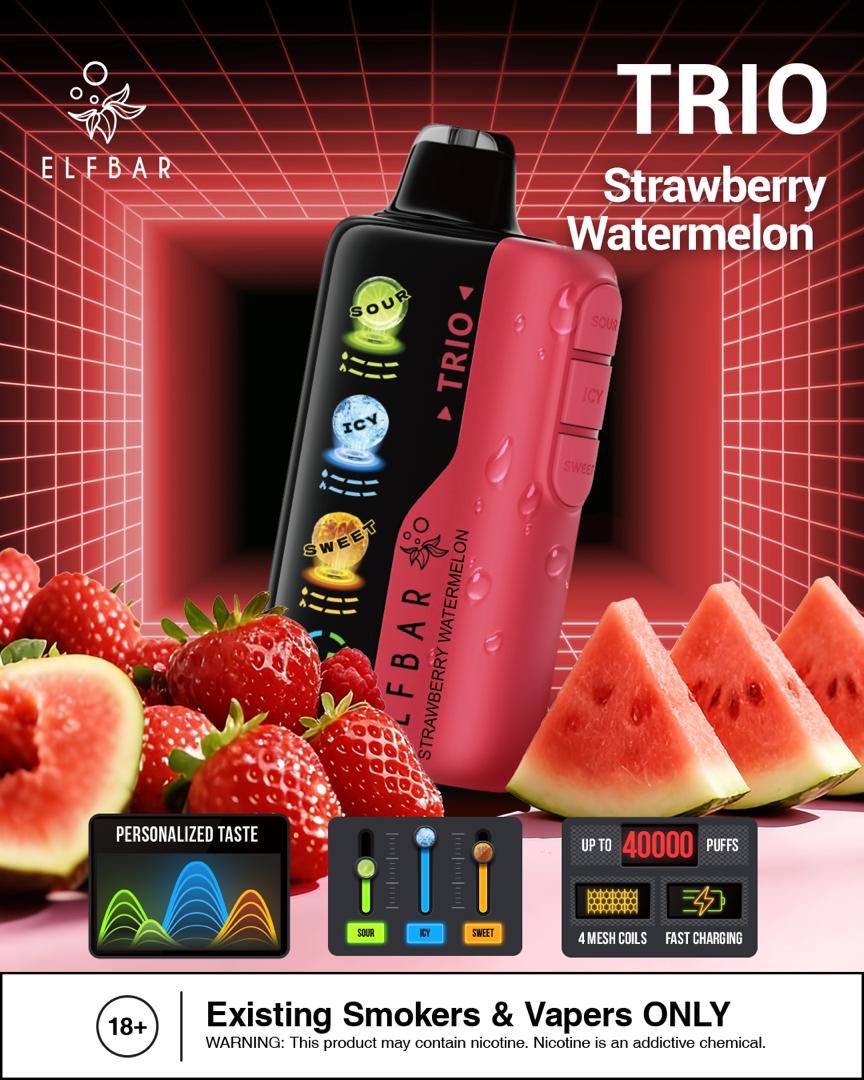 Elf Bar Trio Strawberry Watermelon vape device with fruits and product features on a red grid background. Order Now!