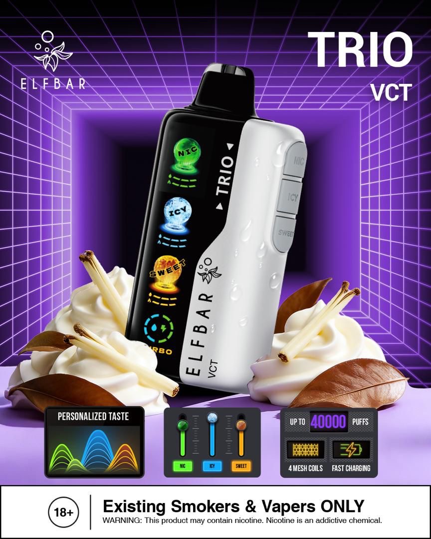 Elf Bar Trio VCT vaping device with features highlighted on a purple background. Order Now!