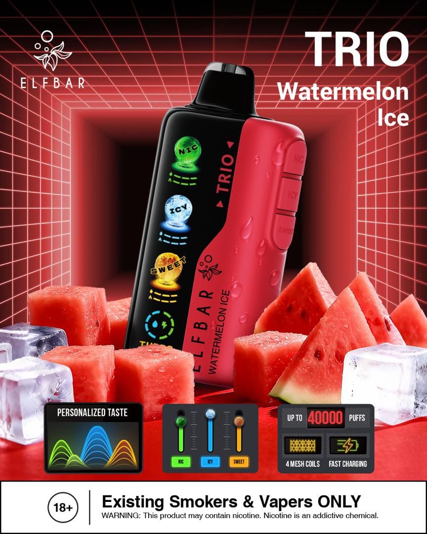 Elfbar Trio vape device with watermelon ice flavor on a red background with watermelon slices. Order Now!