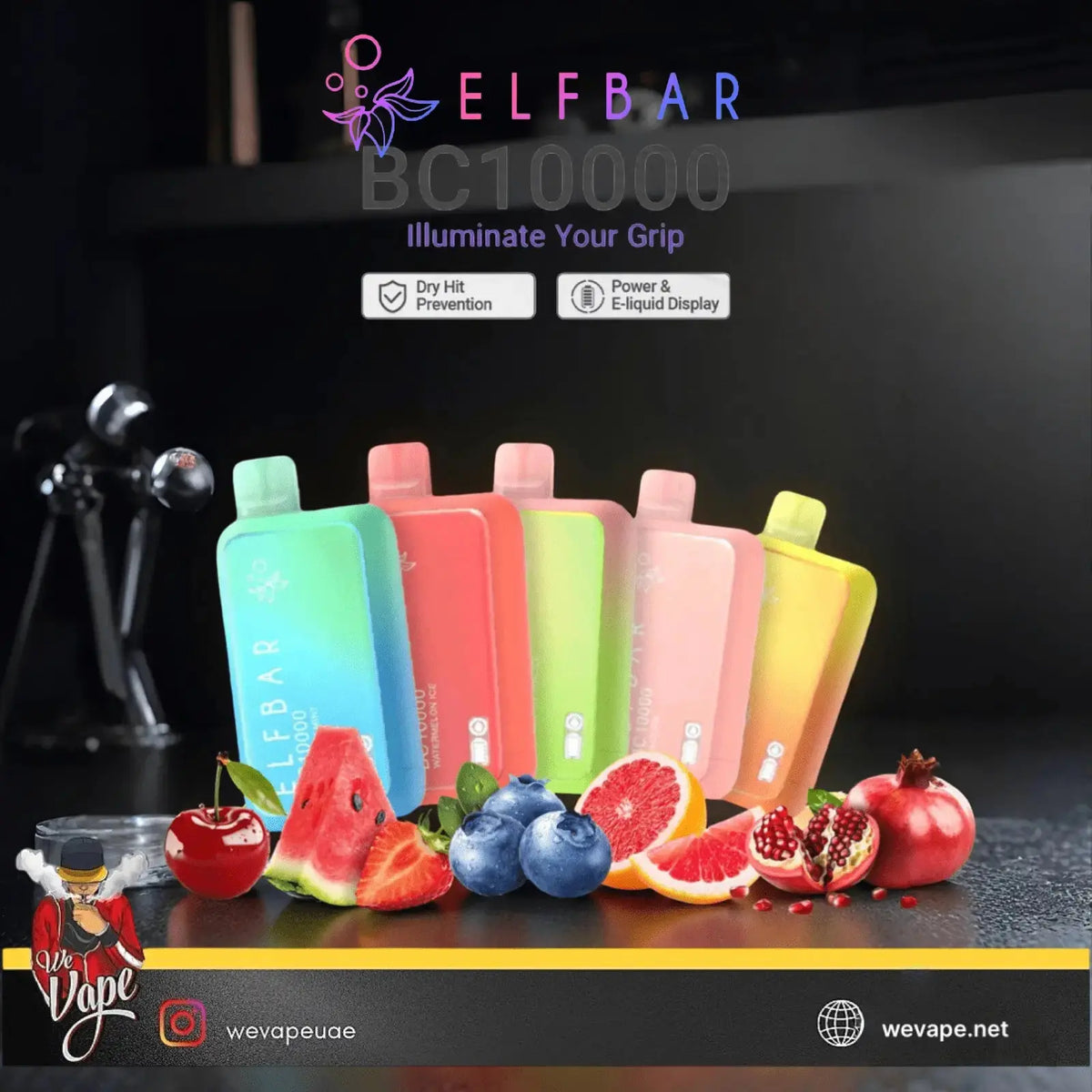 Colorful ELF BAR vape devices with fruit slices on a dark background. ORDER NOW AND GET DISCOUNT.