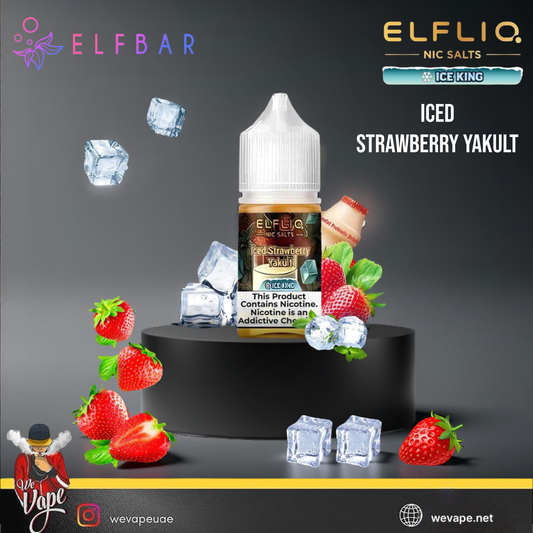 Elfliq ICED Strawberry Yakult vape juice bottle with strawberries and ice cubes on a dark background