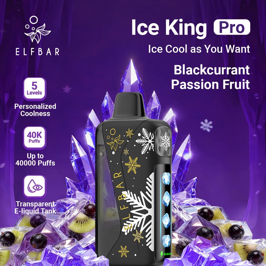 Elf Bar Ice King Pro vape device with ice and fruit graphics on a purple background. Order Now!