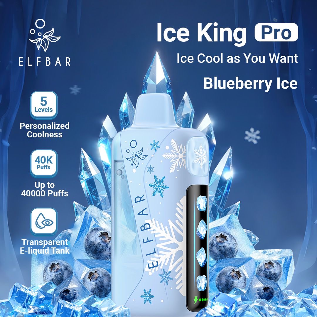 Elfbar Ice King Pro Blueberry Ice vape device with ice-themed design on a blue background. Order Now!