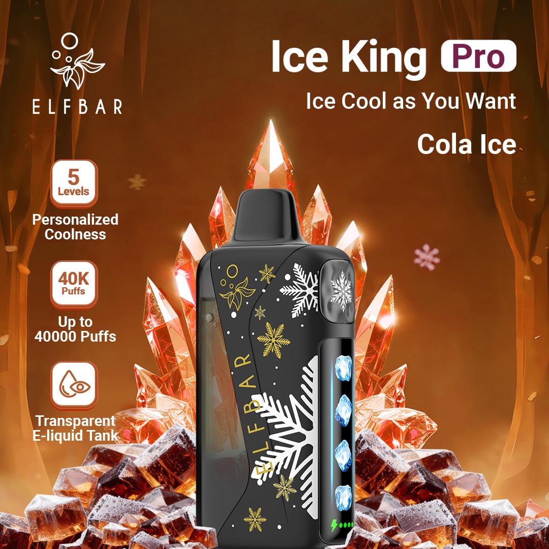 Elf Bar Ice King Pro vape device with ice-themed design and features on a dark background. Order Now!