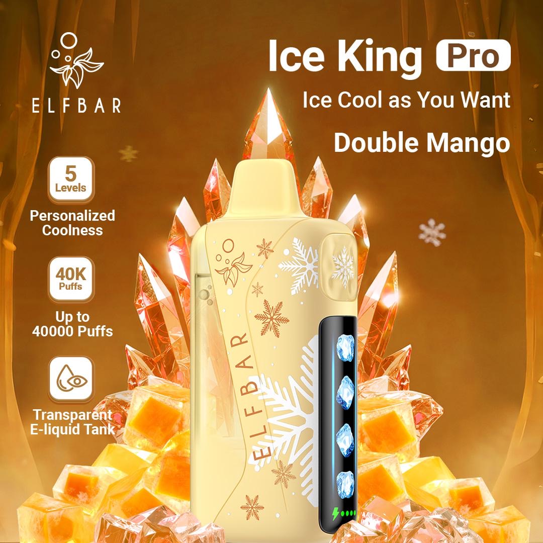 Elfbar Ice King Pro vape device with ice and mango graphics on a dark background. Order Now!