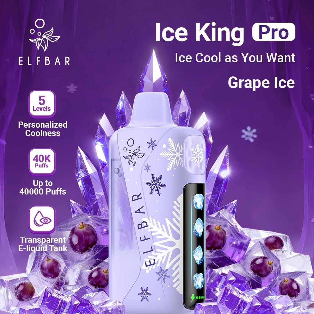 Elfbar Ice King Pro vape device with grape ice flavor on a purple background. Order Now!