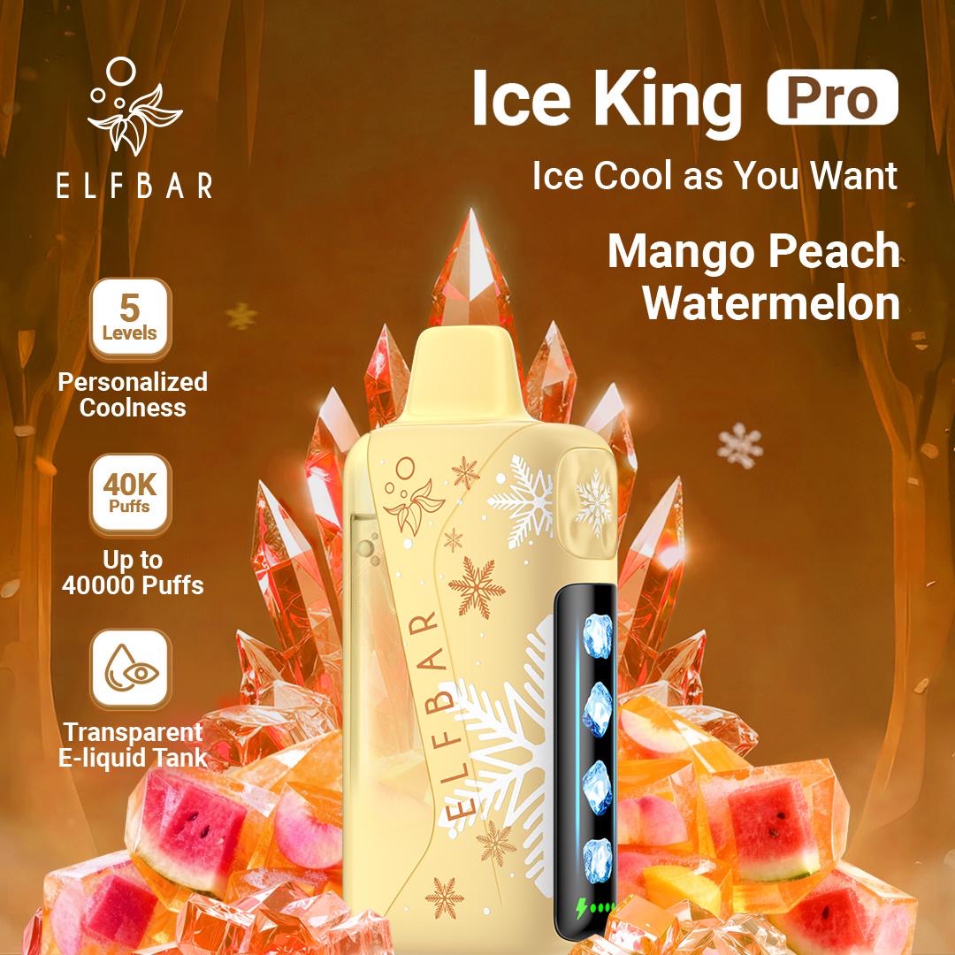 Elfbar Ice King Pro vape device with mango peach watermelon flavor on a decorative background. Order Now!