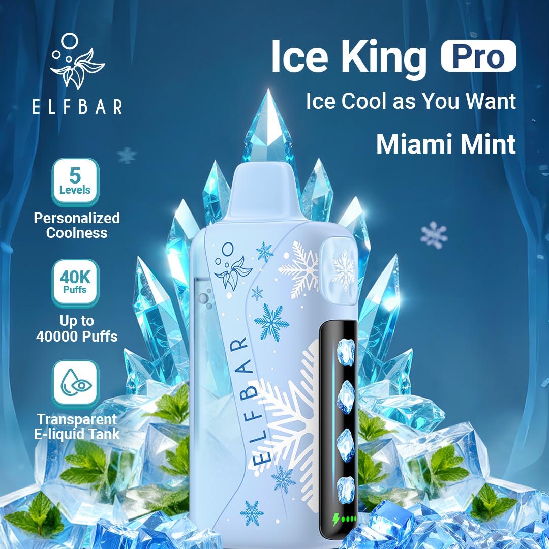 Elfbar Ice King Pro Miami Mint vape device with ice and mint elements on a blue background. Order Now!