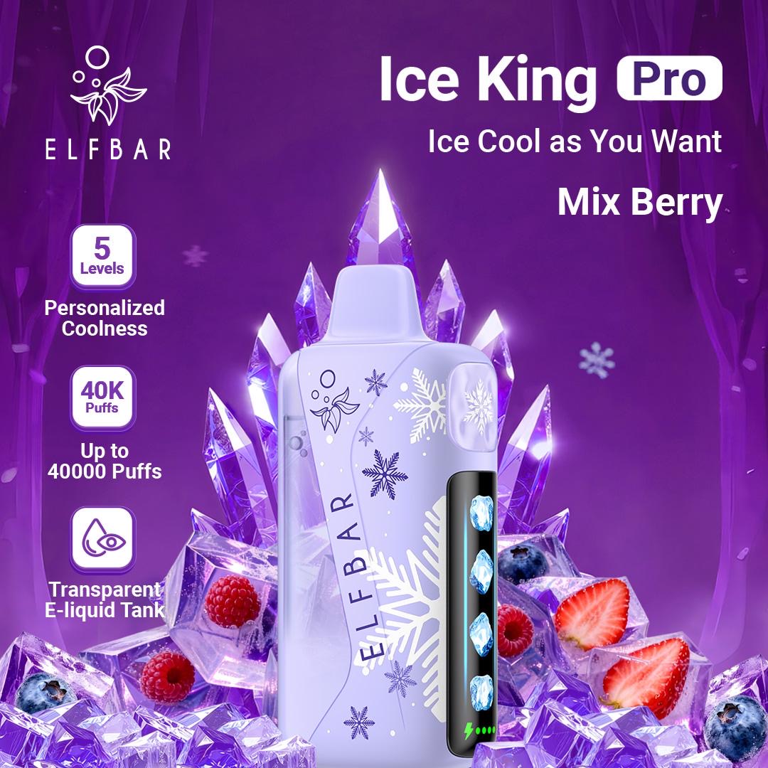 Elfbar Ice King Pro vape device with ice and berry graphics on a purple background. Order Now!