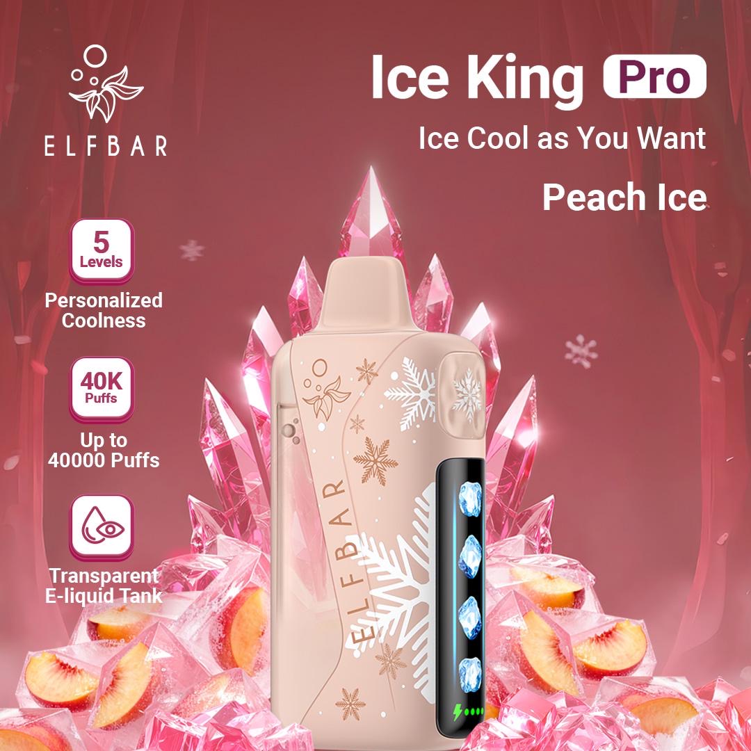 Elfbar Ice King Pro vape device with peach ice flavor on a red background. Order Now!