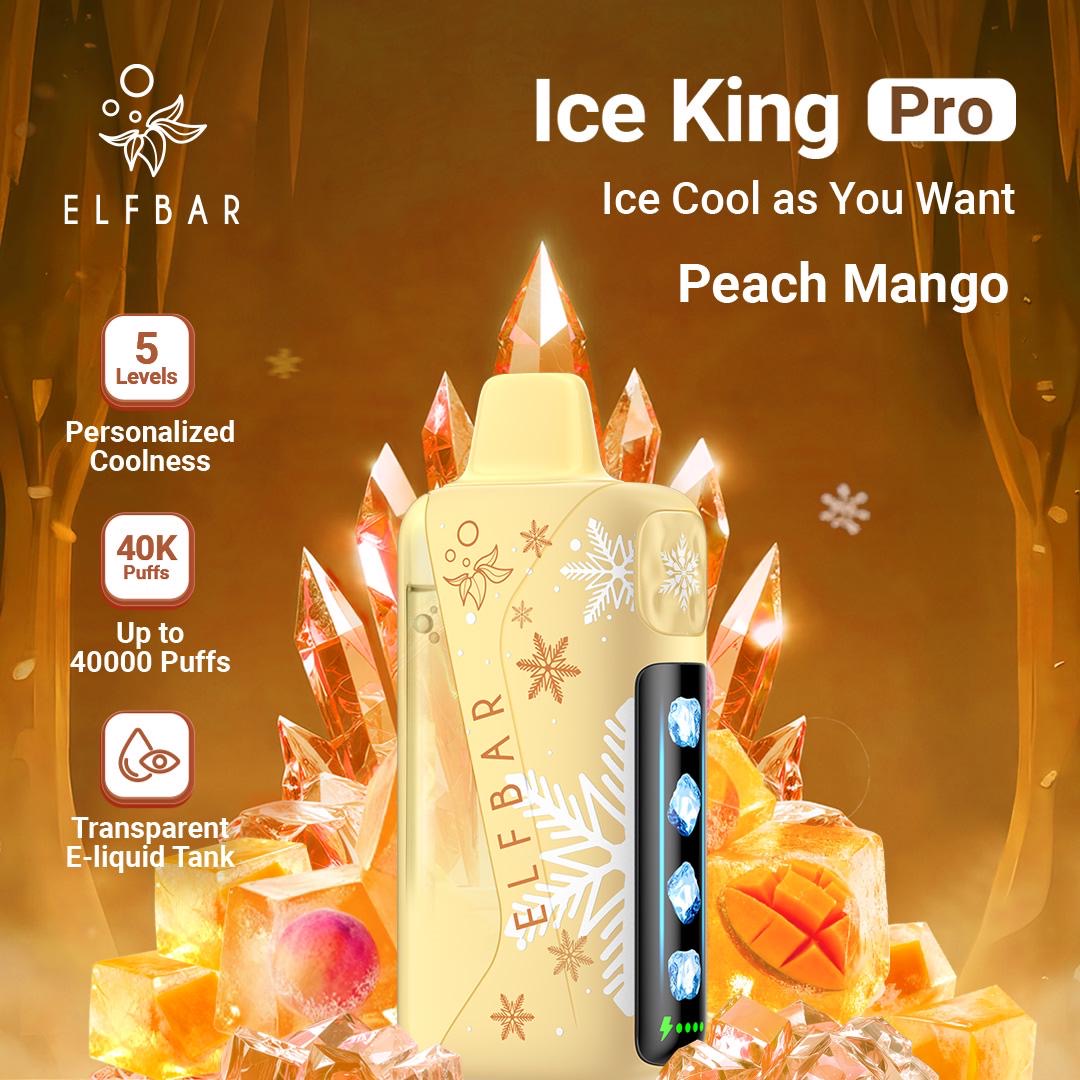 Elfbar Ice King Pro vape device with peach mango flavor on a decorative background. Order Now!