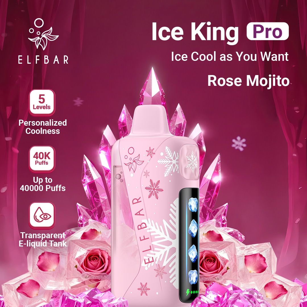 Elfbar Ice King Pro Rose Mojito vape device with decorative elements on a pink background. Order Now!