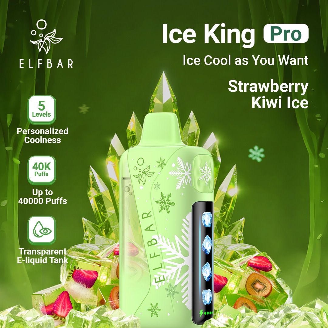 Green vape device with ice-themed design and ELFBAR branding on a green background. Order Now!