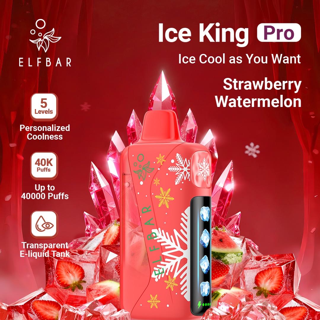 Elfbar Ice King Pro vape device with strawberry watermelon flavor on a red background. Orde Now!