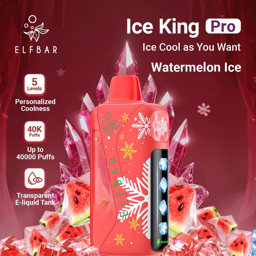Red ELF BAR Ice King Pro vape device with watermelon ice theme on a red background. Order Now!