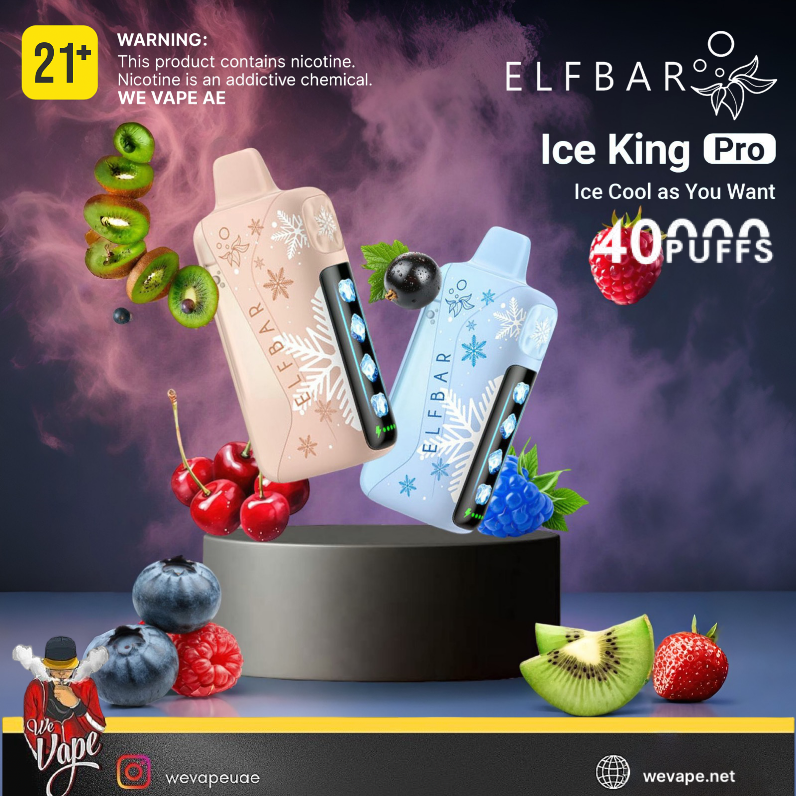 ELF BAR Ice King Pro vape device with fruit elements on a dark background. Order Now!