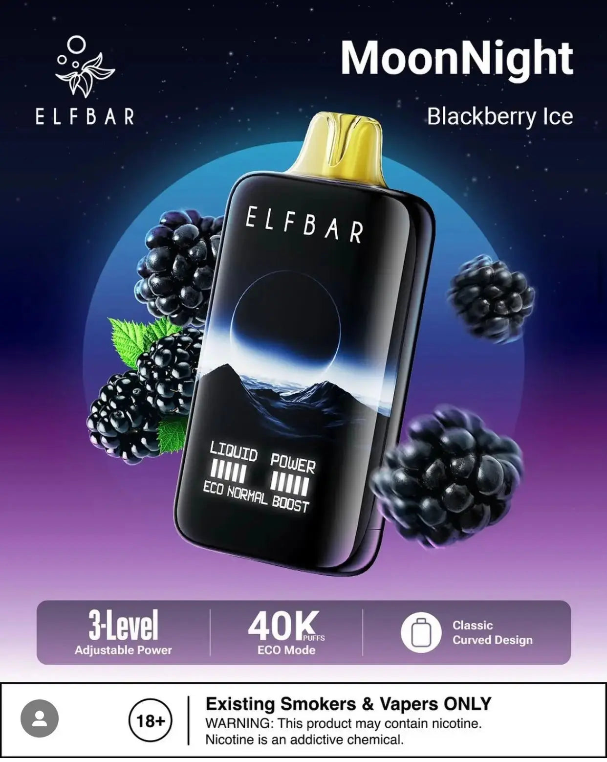 Elf bar MoonNight Blackberry Ice vape device with blackberries on a dark background. ORDER NOW AND GET FREE DELIVERY