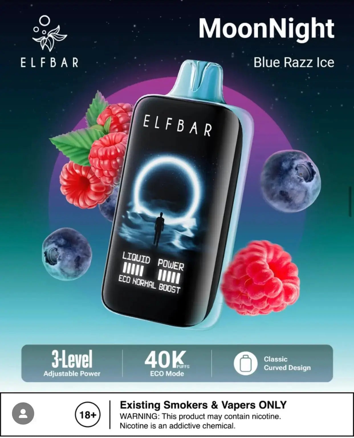 Elf Bar vape device with blue razz ice flavor on a colorful background. ORDER NOW AND GET FREE DELIVERY