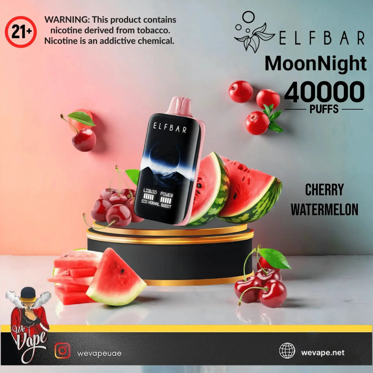 Elfbar MoonNight vape device with cherry and watermelon on a gradient background. ORDER NOW AND GET FREE DELIVERY!