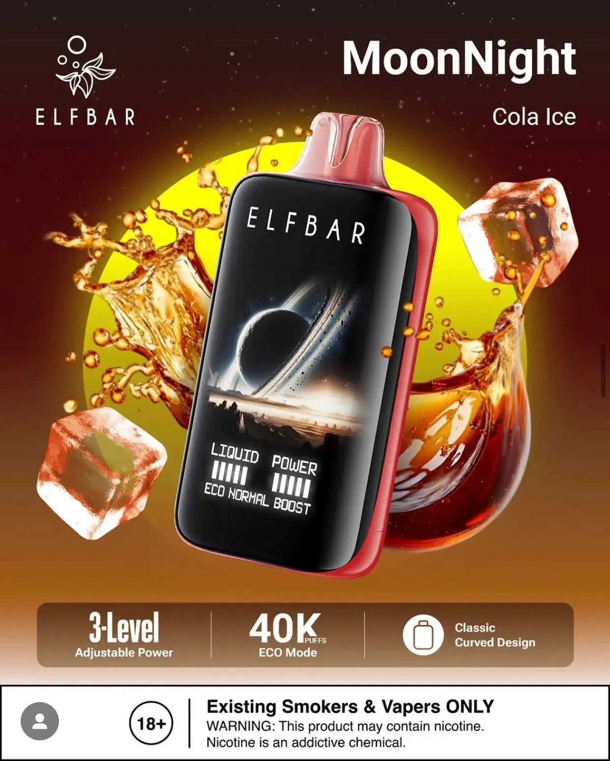 Elfbar vape device with cola ice flavor on a dynamic background. ORDER NOW AND GET FREE DELIVERY