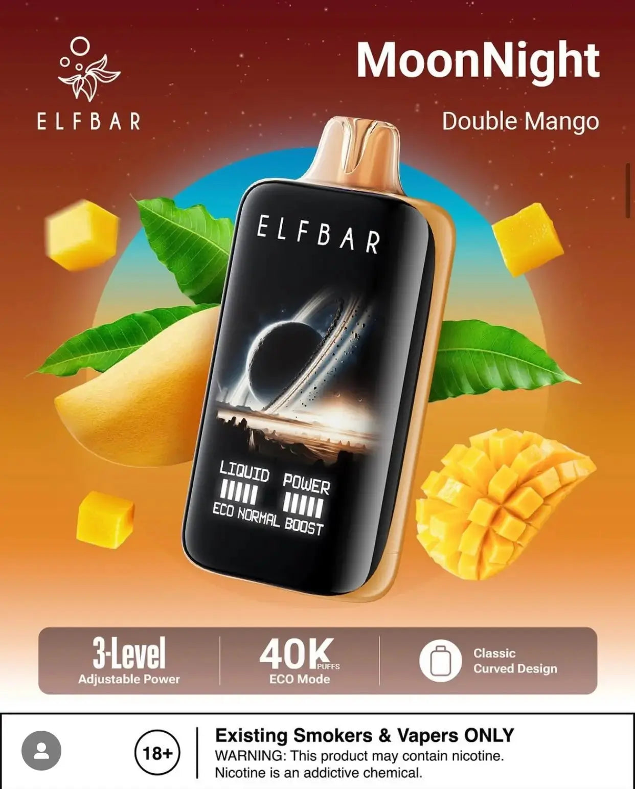 Elfbar vape device with mangoes and leaves on a gradient background, featuring the brand 'MoonNight'. ORDER NOW AND GET FREE DELIVERY!
