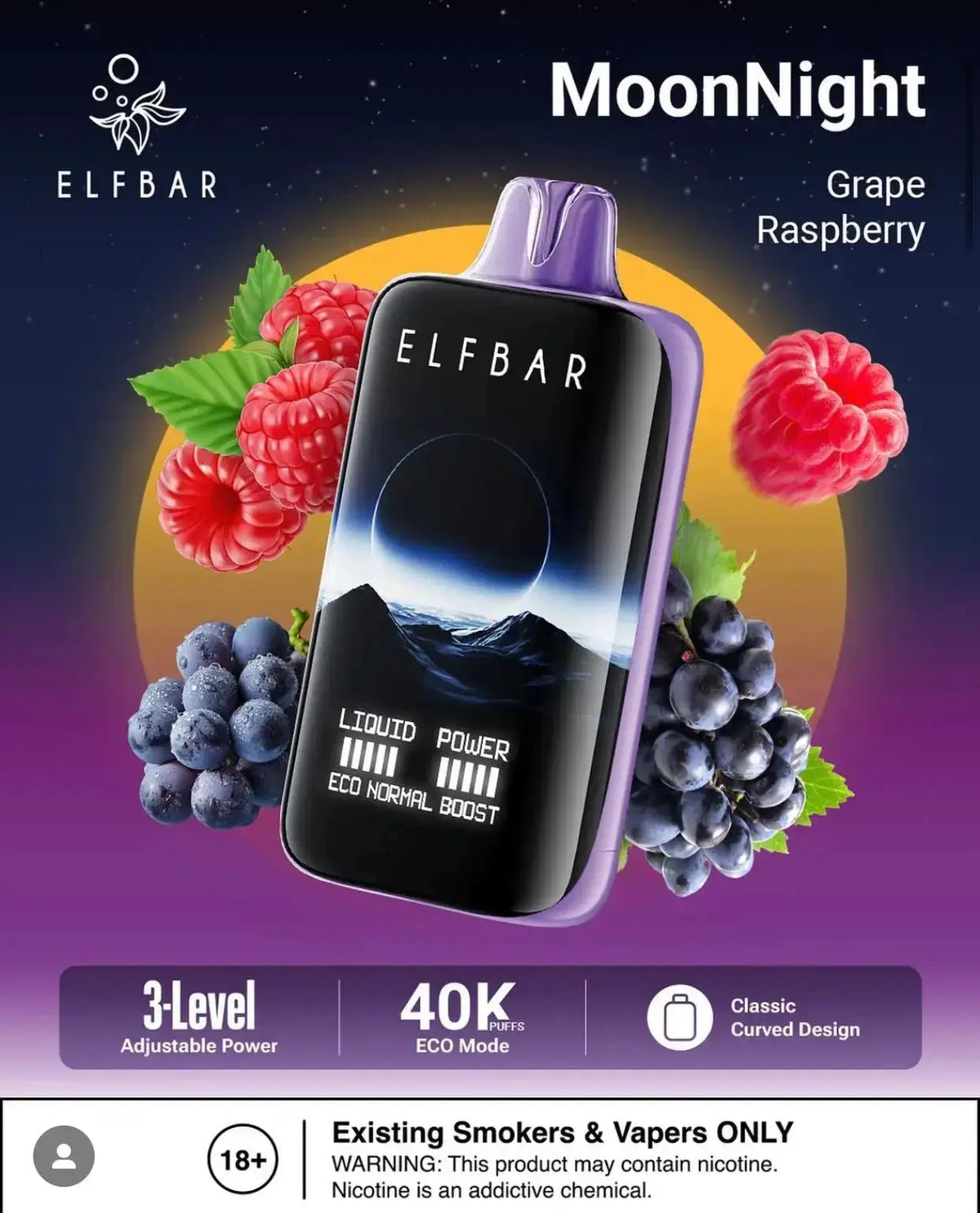 Elfbar vape device with grape raspberry flavor on a colorful background. ORDER NOW AND GET FREE DELIVERY!