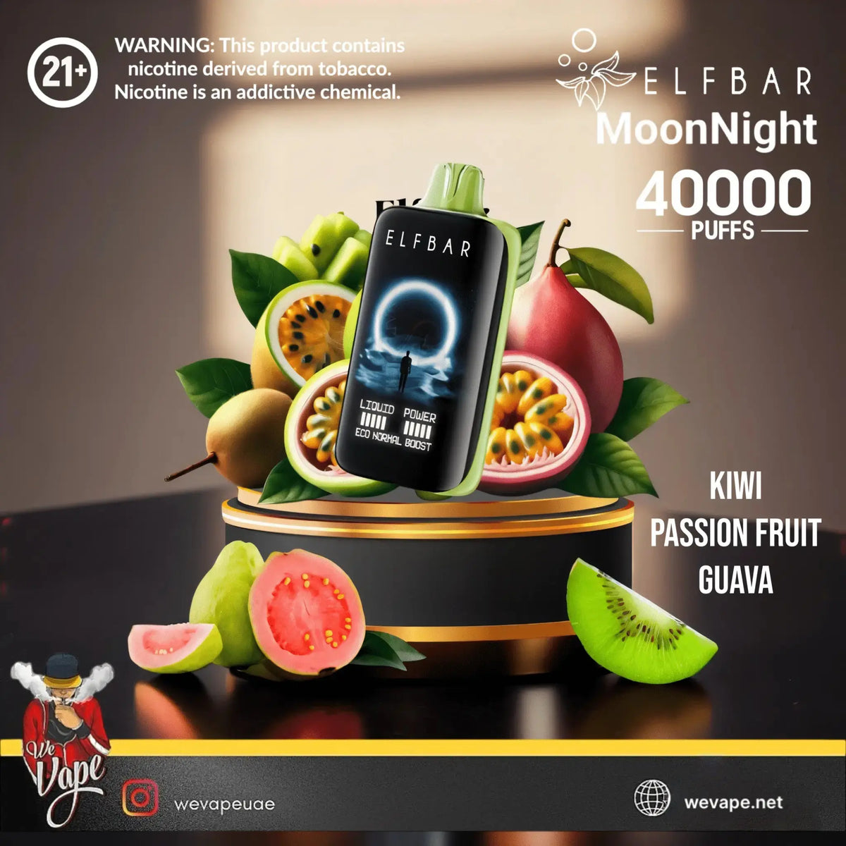 Elf Bar MoonNight vape device with kiwi, passion fruit, and guava on a dark background. ORDER NOW AND GET FREE DELIVERY!