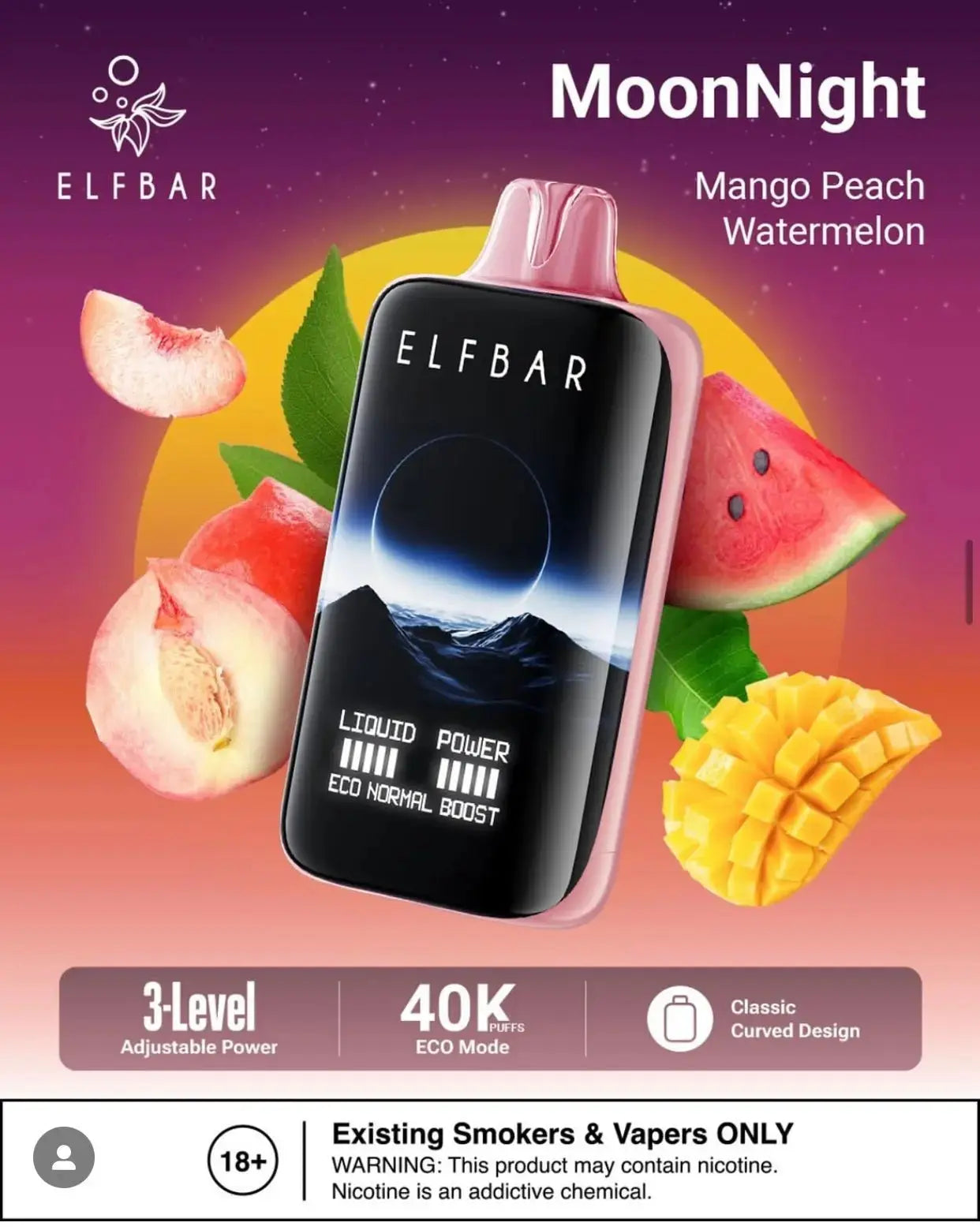 Elfbar vape device with fruit slices on a colorful background, featuring the brand 'MoonNight'. ORDER NOW AND GET FREE DELIVERY