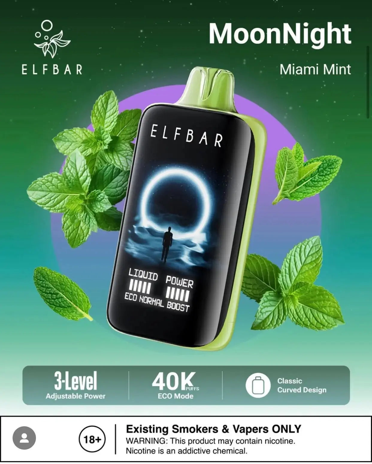 Elf Bar vape device with mint leaves on a gradient background, featuring the brand 'MoonNight' and 'ELF BAR'. ORDER NOW AND GET FREE DELIVERY!