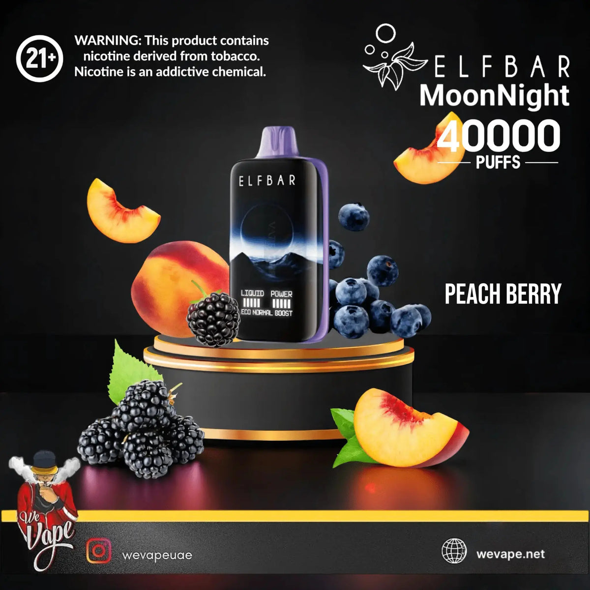 Elf Bar MoonNight vape device with peach, berry, and blueberry graphics on a dark background. ORDER NOW AND GET FREE DELIVERY!