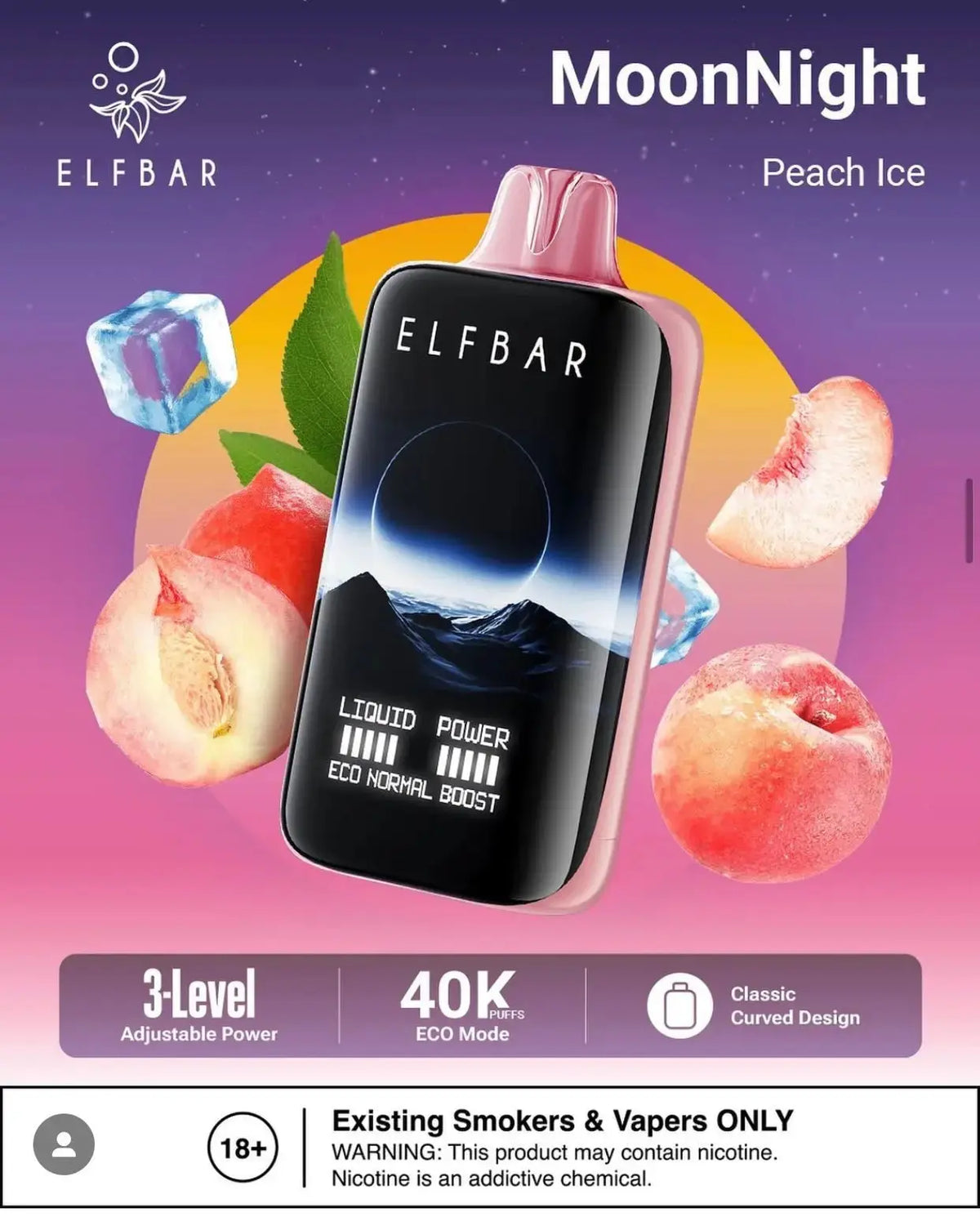 Elf Bar Peach Ice vape device with peach slices and ice cubes on a colorful background. ORDER NOW AND GET FREE DELIVERY.