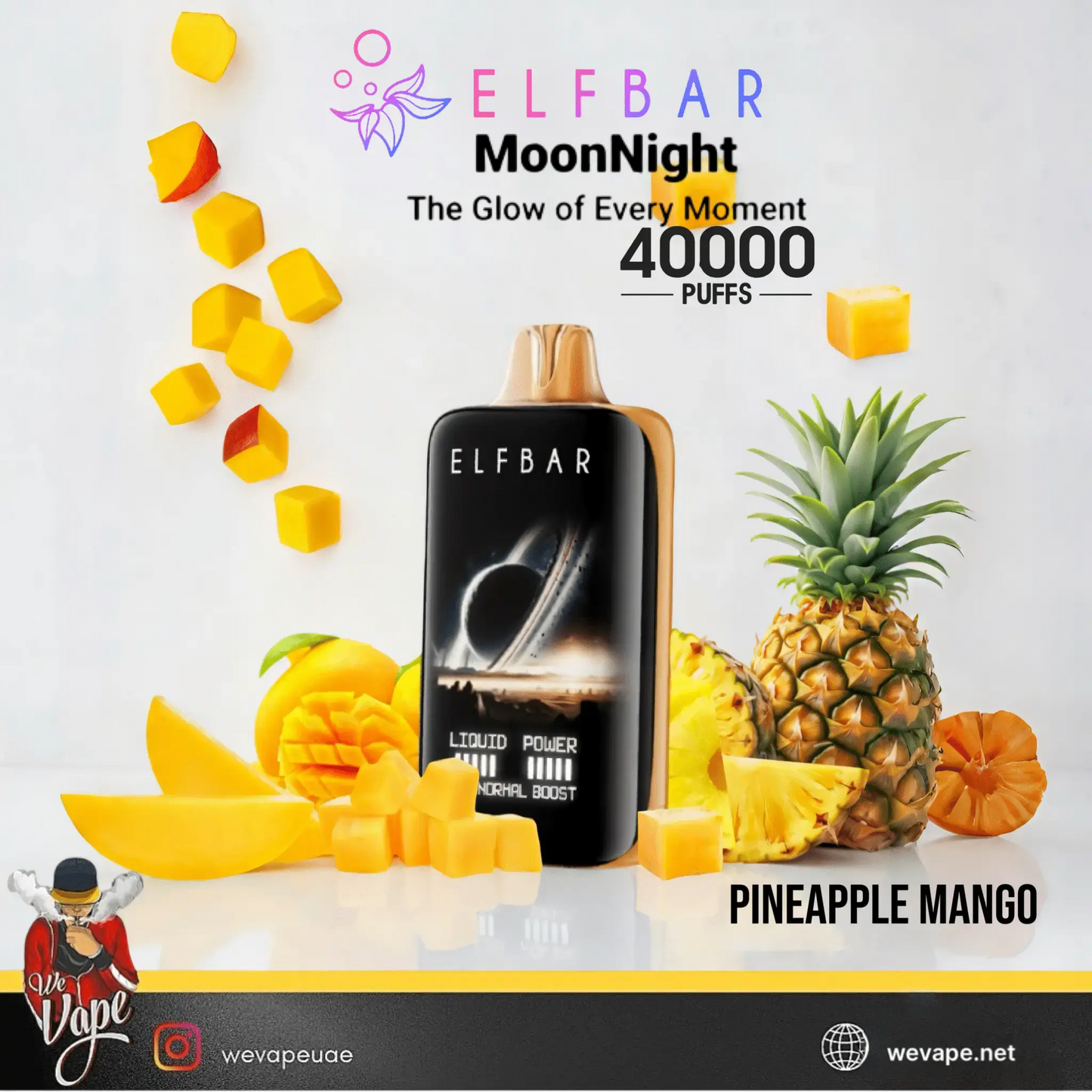 Elf Bar vape device with pineapple and mango on a white background. ORDER NOW AND GET FREE DELIVERY!