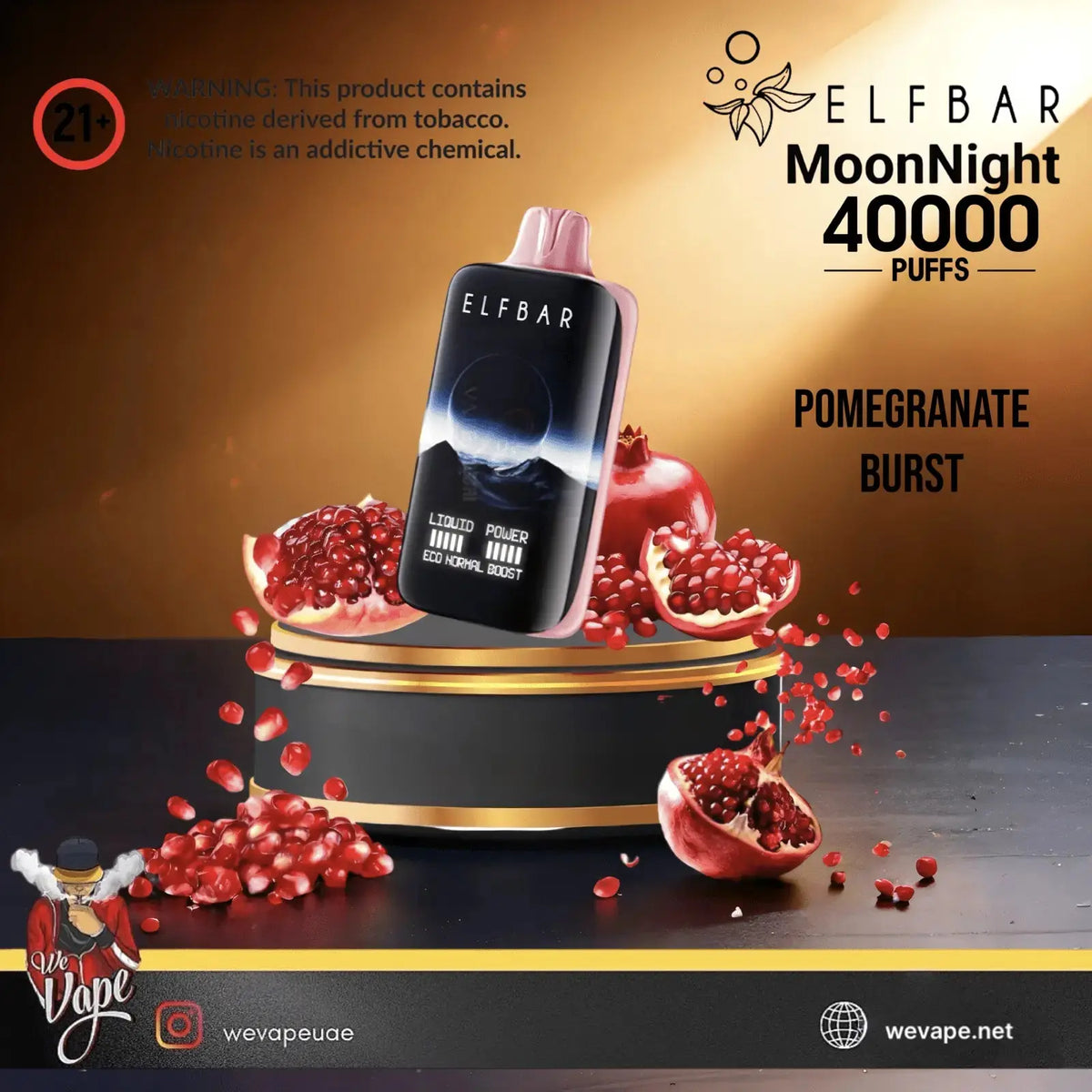 Elf Bar vape device with pomegranate burst flavor on a dark background. ORDER NOW AND GET FREE DELIVERY!