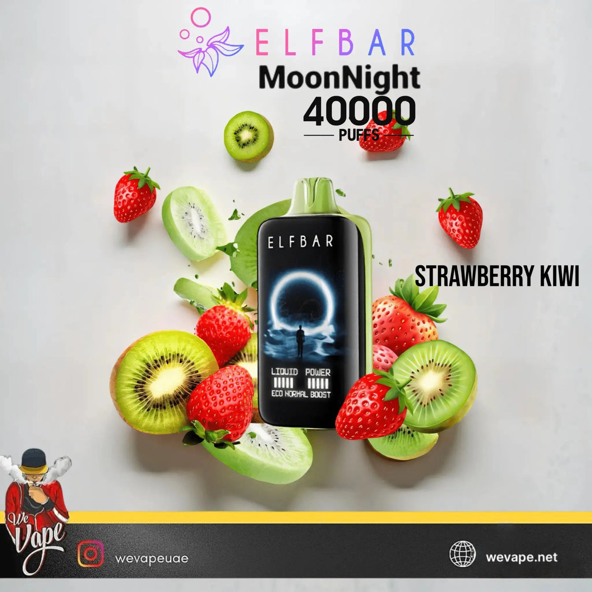 ELF BAR MoonNight vape device with strawberry and kiwi fruits on a white background. ORDER NOW AND GET FREE DELIVERY!!