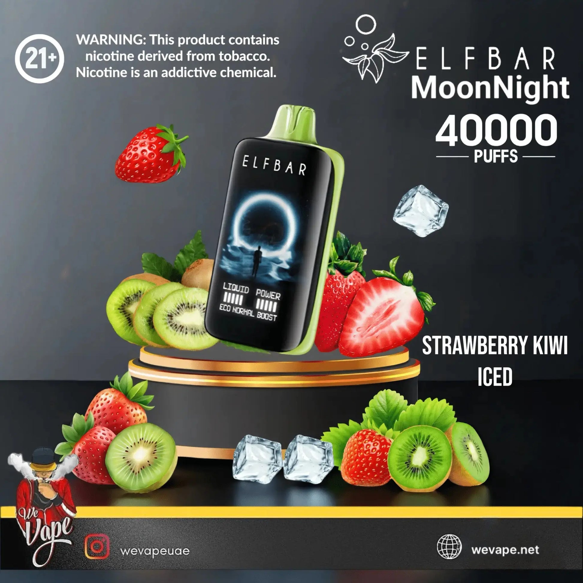 Elfbar MoonNight vape device with strawberry kiwi flavor on a dark background. ORDER NOW AND GET FREE DELIVERY!