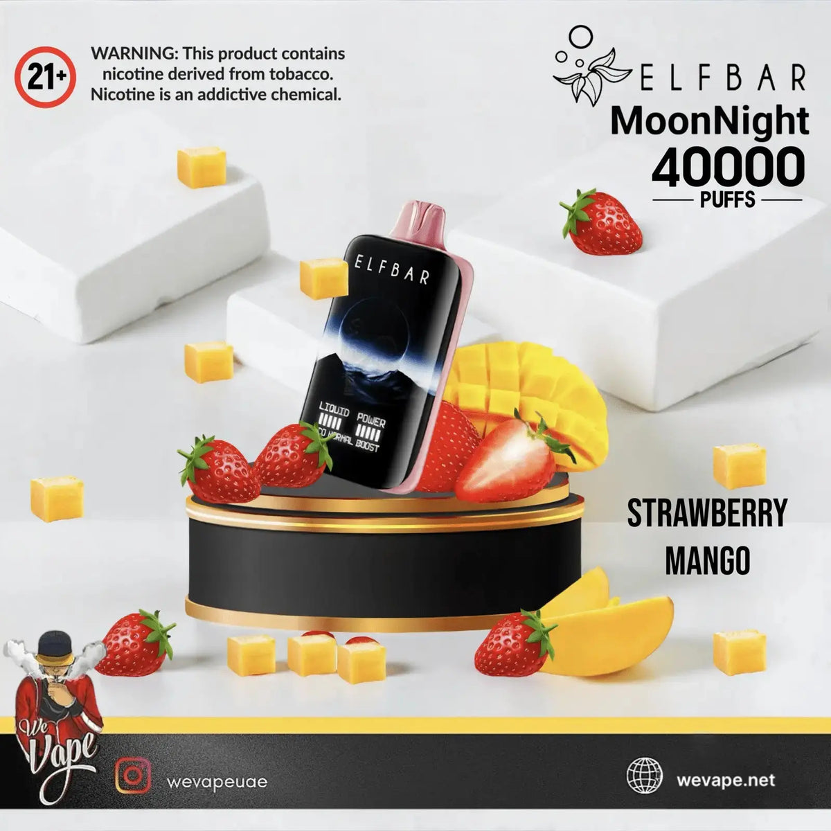 Elf Bar MoonNight vape device with strawberry and mango elements on a white background. ORDER NOW AND GET FREE DELIVERY!