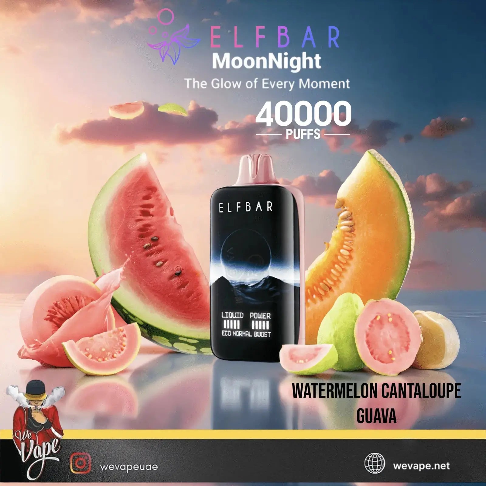 Elf Bar vape device with watermelon, cantaloupe, and guava fruits against a sunset sky. ORDER NOW AND GET FREE DELIVERY!