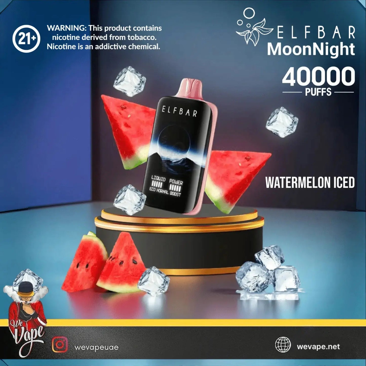 Elf Bar MoonNight vape device with watermelon slices and ice cubes on a blue background. ORDER NOW AND GET FREE DELIVERY!