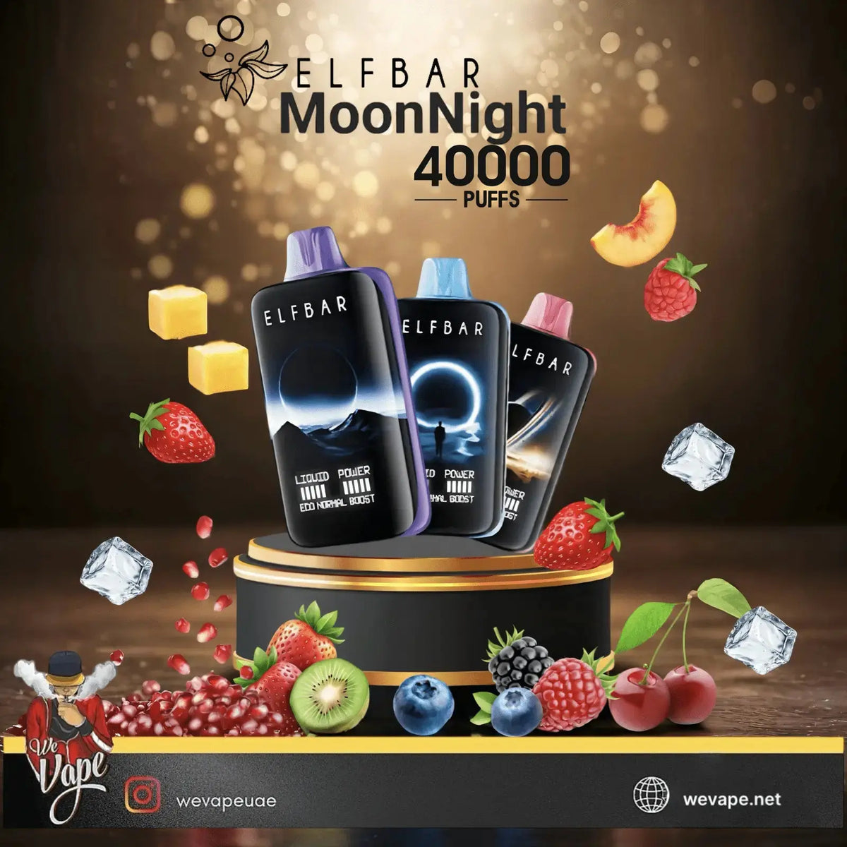 ELF BAR MoonNight 40000 vape devices with fruit and ice elements on a dark background