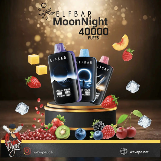 ELF BAR MoonNight 40000 vape devices with fruit and ice elements on a dark background