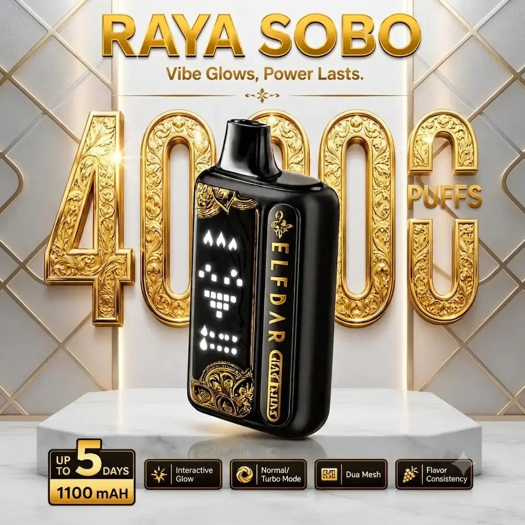 A black vape device with gold ornamental detailing and a glowing digital display stands on a white pedestal. Large gold text behind it reads '4000 PUFFS' and 'RAYA SOBO,' with feature badges along the bottom including 'Up to 5 days' and '1100 mAh. ORDER NOW AND GET FREE DELIVERY!