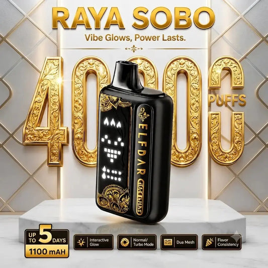 A black vape device with gold ornamental detailing and a glowing digital display stands on a white pedestal. Large gold text behind it reads '4000 PUFFS' and 'RAYA SOBO,' with feature badges along the bottom including 'Up to 5 days' and '1100 mAh. ORDER NOW AND GET FREE DELIVERY!