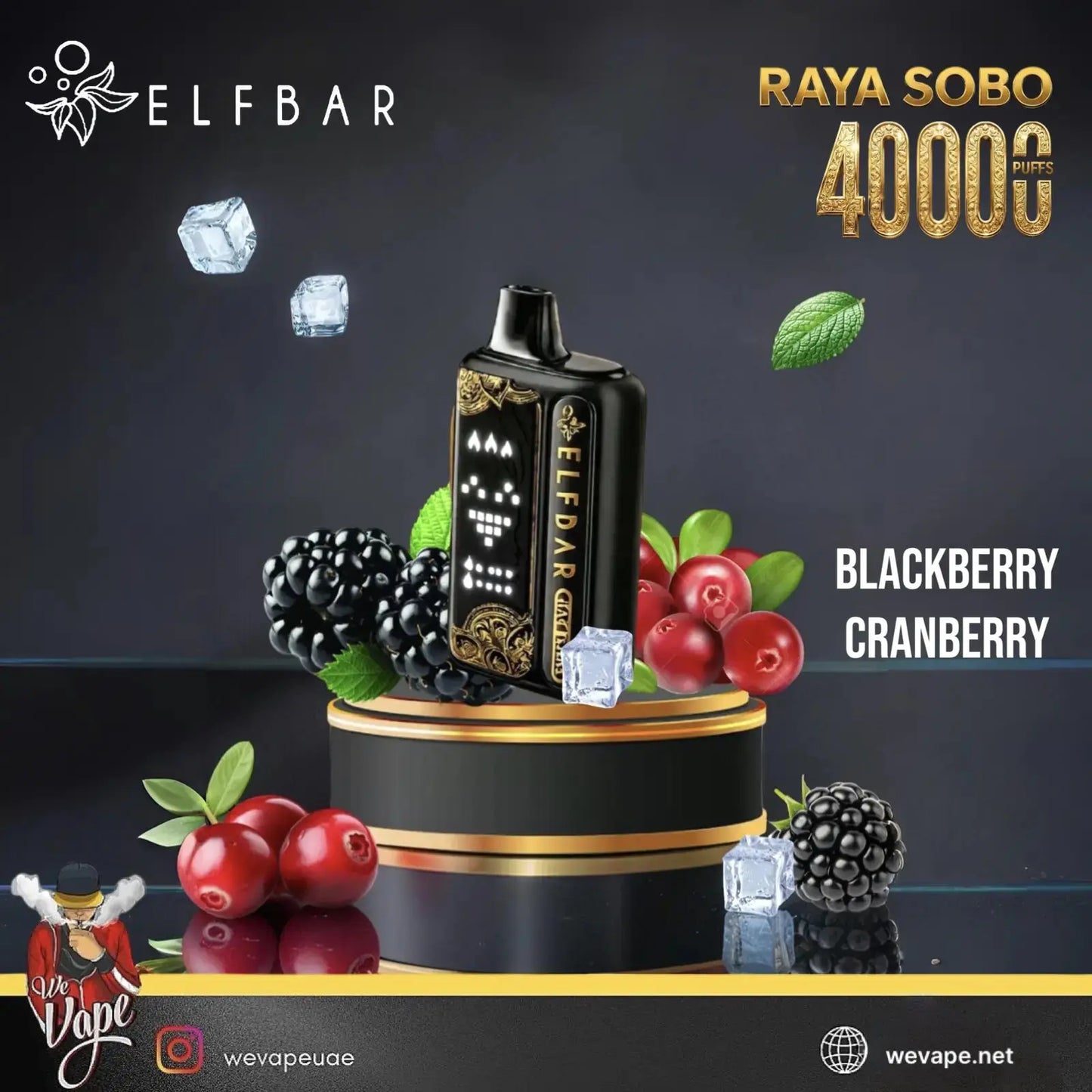A promotional product shot of an ELFBAR vape device labeled 'RAYA SOBO 4000G' in blackberry cranberry flavor. The device is black with gold ornamental graphics and stands on a black cylindrical pedestal with gold trim. ORDER NOW AND GET FREE DELIVERY!