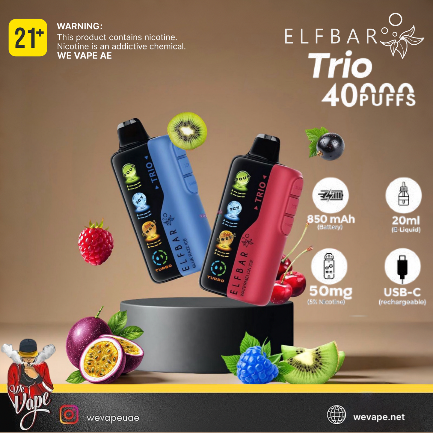 ELF BAR Trio vape device with colorful fruit graphics and product details on a brown background. Order Now!