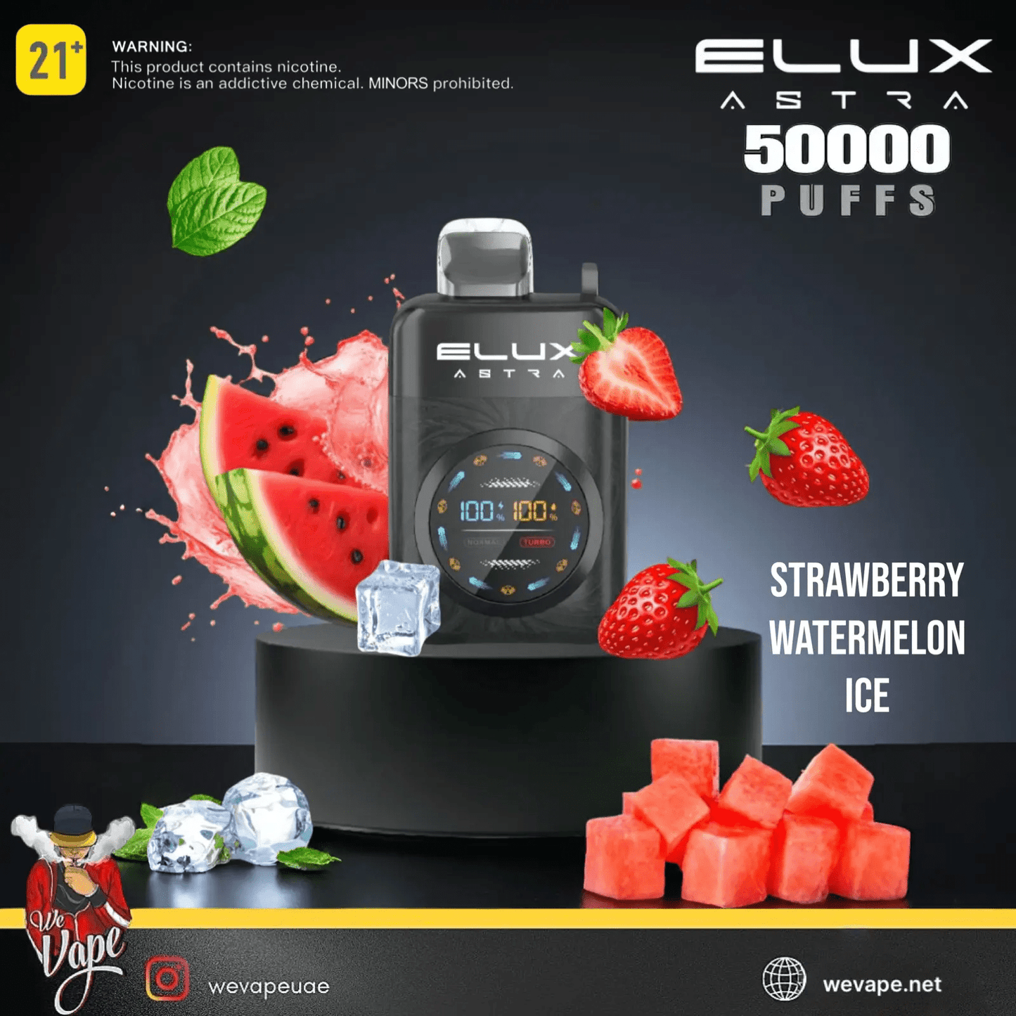 Elux Astra vape device with strawberry, watermelon, and ice elements on a dark background