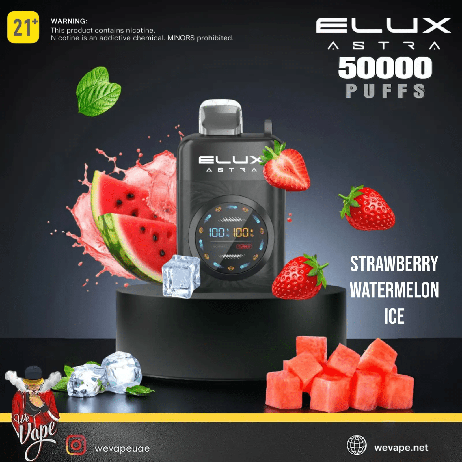 Elux Astra vape device with strawberry, watermelon, and ice elements on a dark background